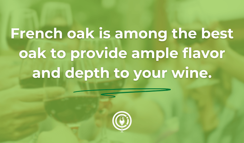 A fact about french oak with wine glasses in the background.