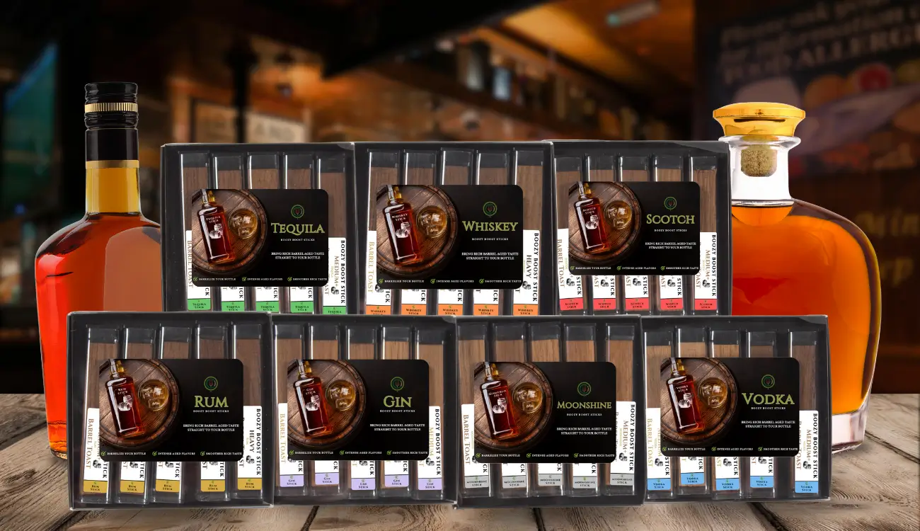 Boozy Boost Sticks at a bar Blog title with oak chips in the background.