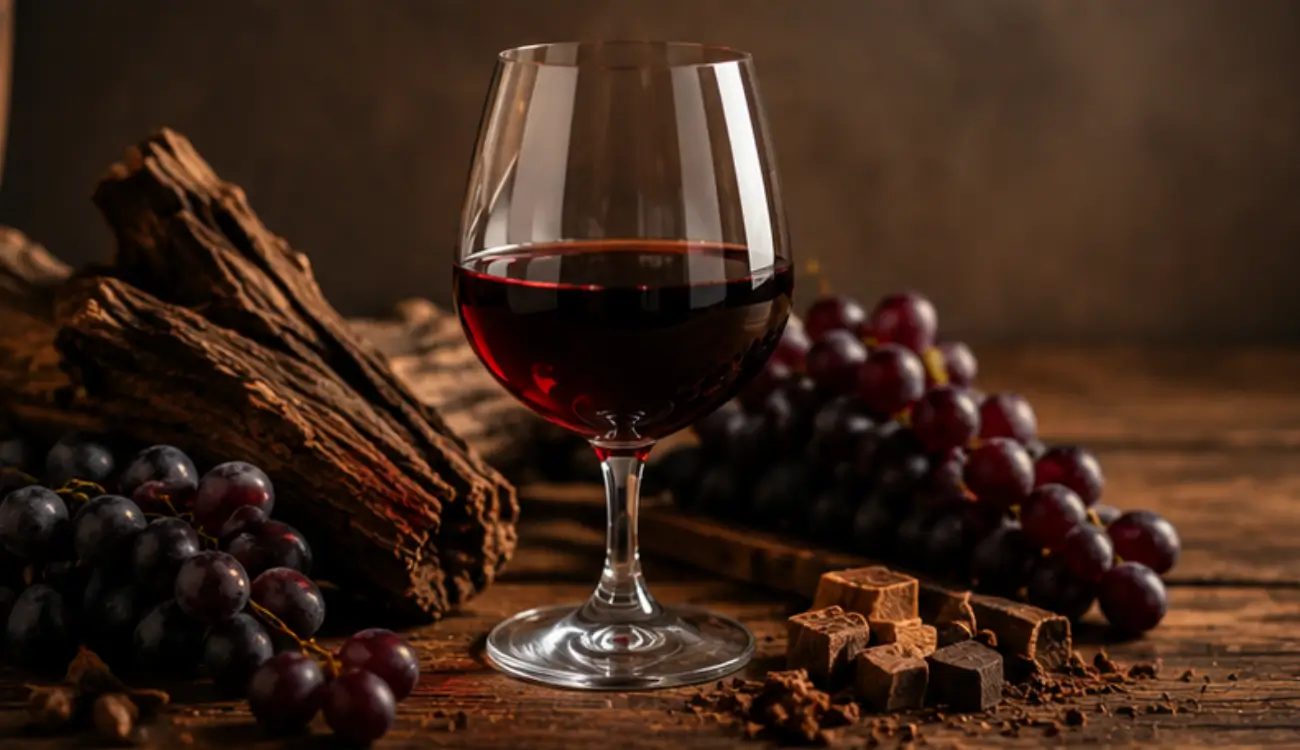 Wine with grapes Wine with oak barrels